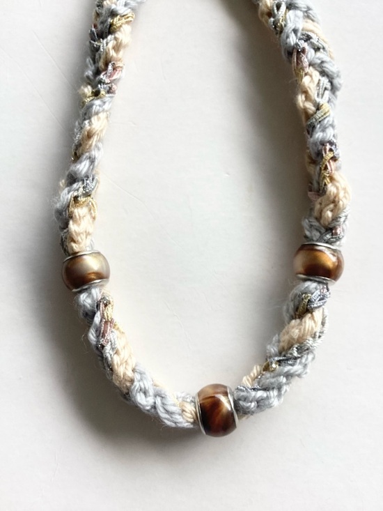 Hand Crafted Jewelry - Necklace Hand Crafted Braided Boho Beaded Silver Grey Cream 18”